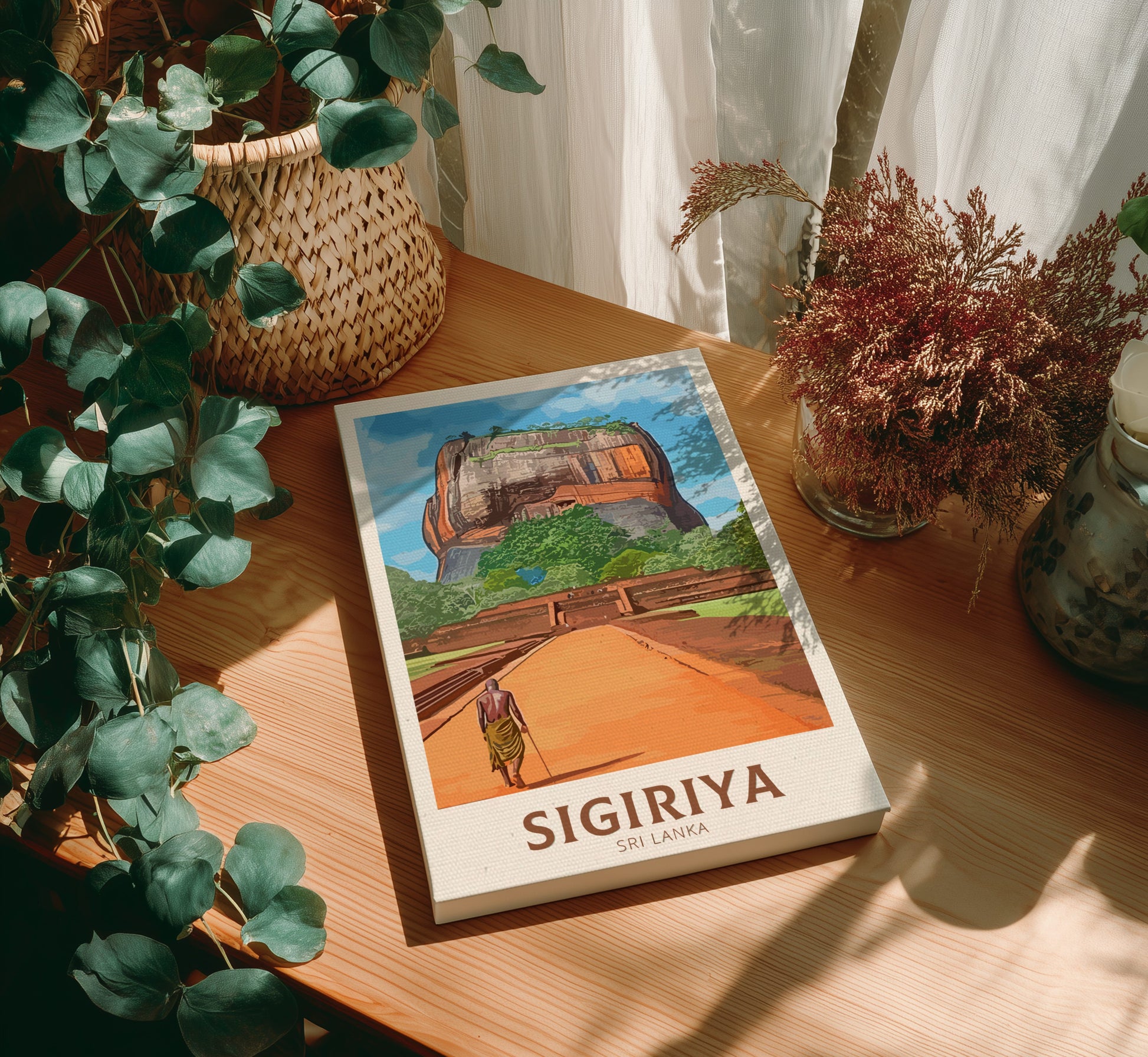 Canvas 'Sigiriya' on a wooden table with plants around