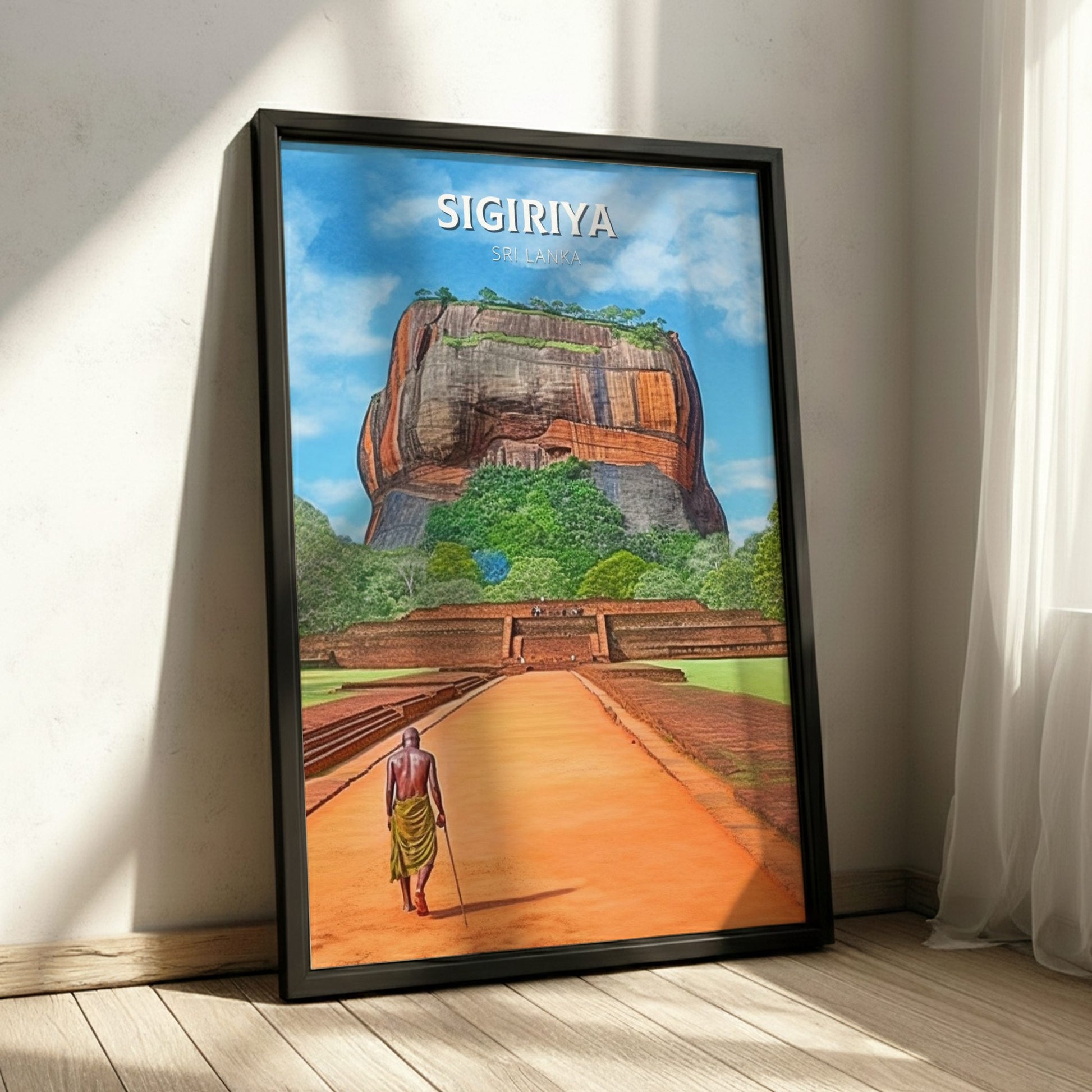 Framed artwork of Sigiriya rock in a room with sunlight casting shadows.