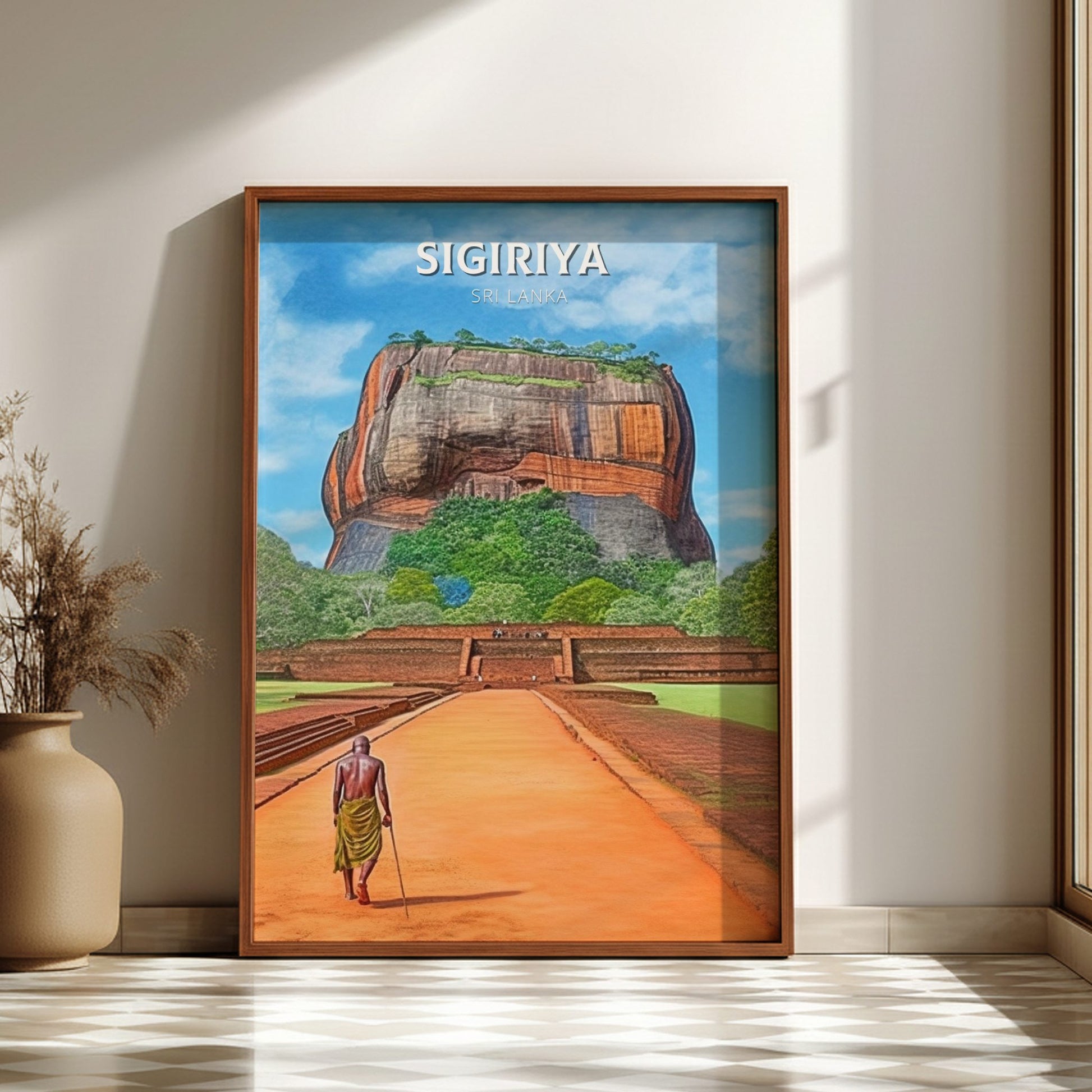 Framed artwork of Sigiriya Rock in Sri Lanka on a wall.