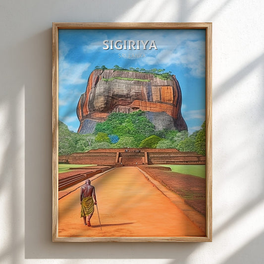 Framed artwork of Sigiriya rock and a monk on a path, with 'Sigiriya' text above.