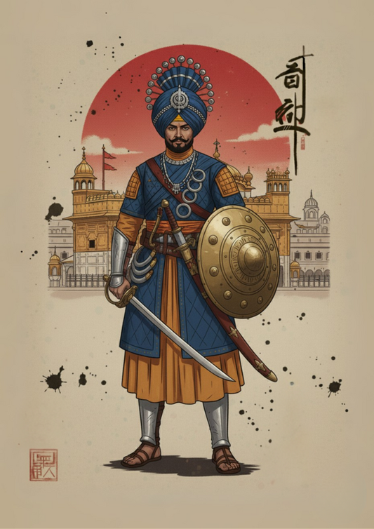Illustration of a Sikh Khalsa Warrior in traditional attire with a cityscape in the background