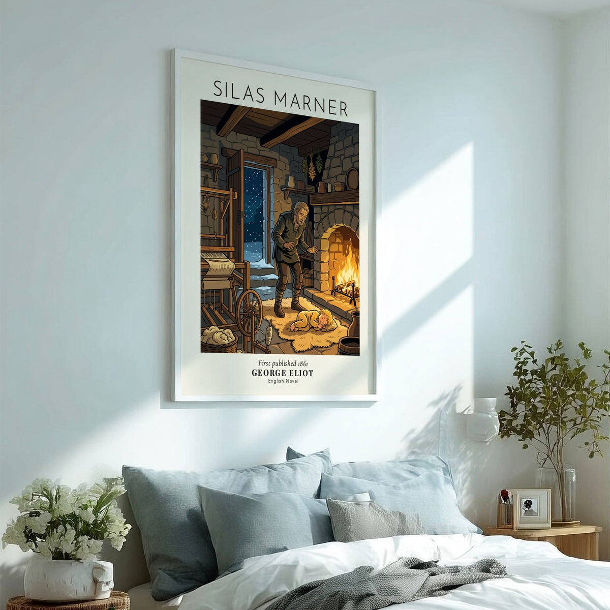 Silas Marner book poster depicting a man finding a child by a fireplace