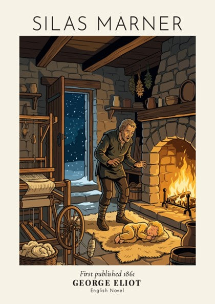 Silas Marner book poster depicting a man finding a child by a fireplace