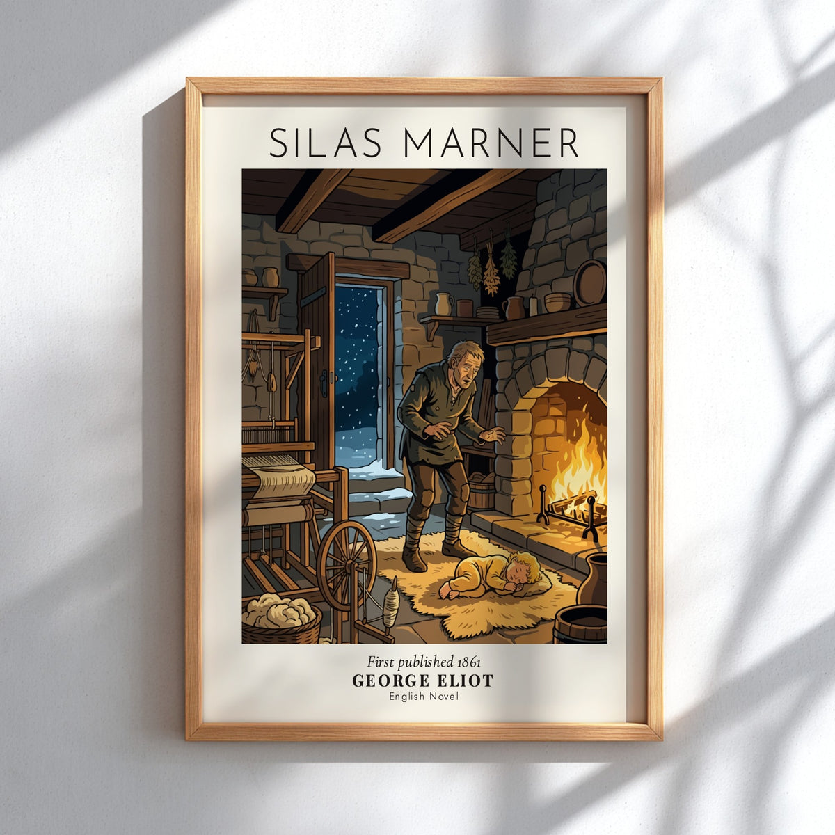 Silas Marner book poster depicting a man finding a child by a fireplace
