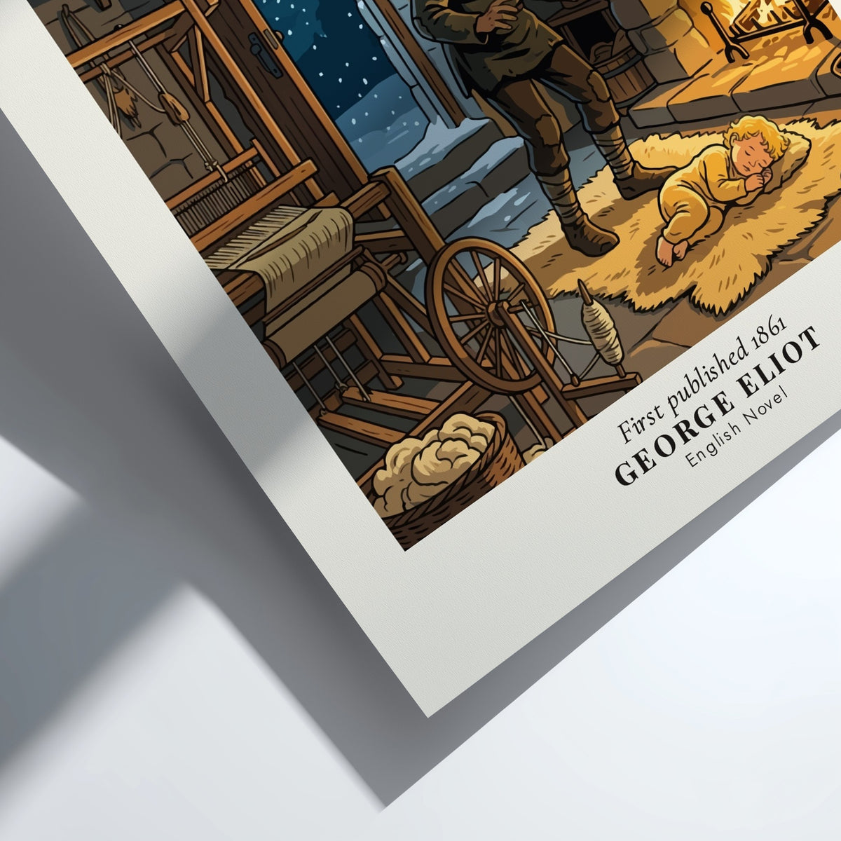Silas Marner book poster depicting a man finding a child by a fireplace