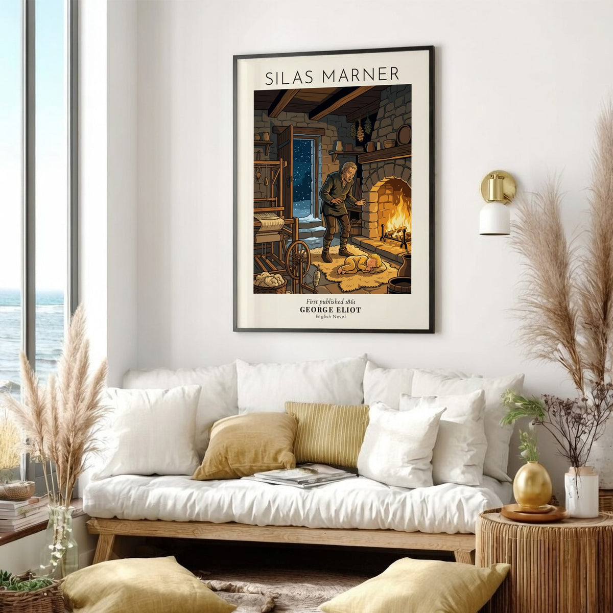 Silas Marner book poster depicting a man finding a child by a fireplace