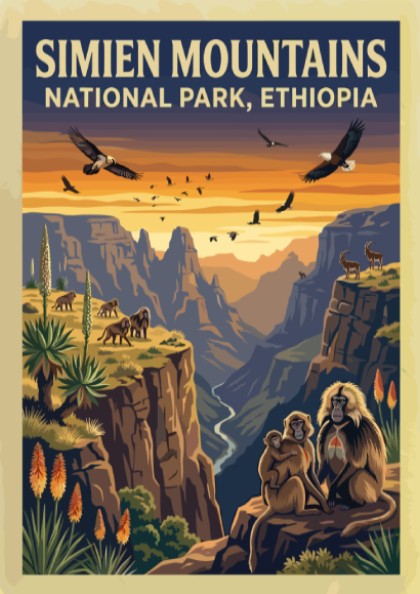 Simien Mountains poster featuring wildlife and sunset colors, nature landscape art for wall decor