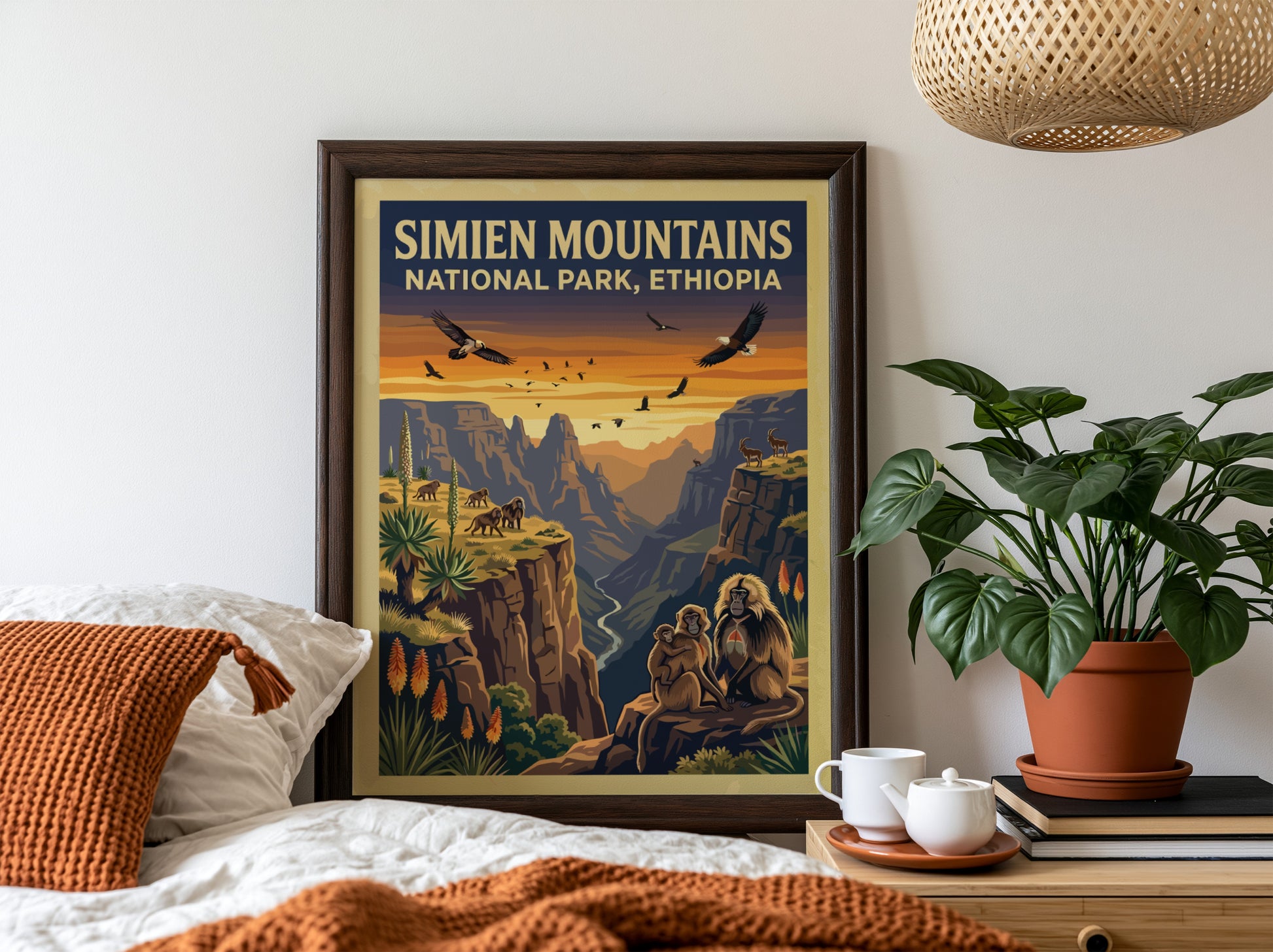 Simien Mountains poster featuring wildlife and sunset colors, nature landscape art for wall decor