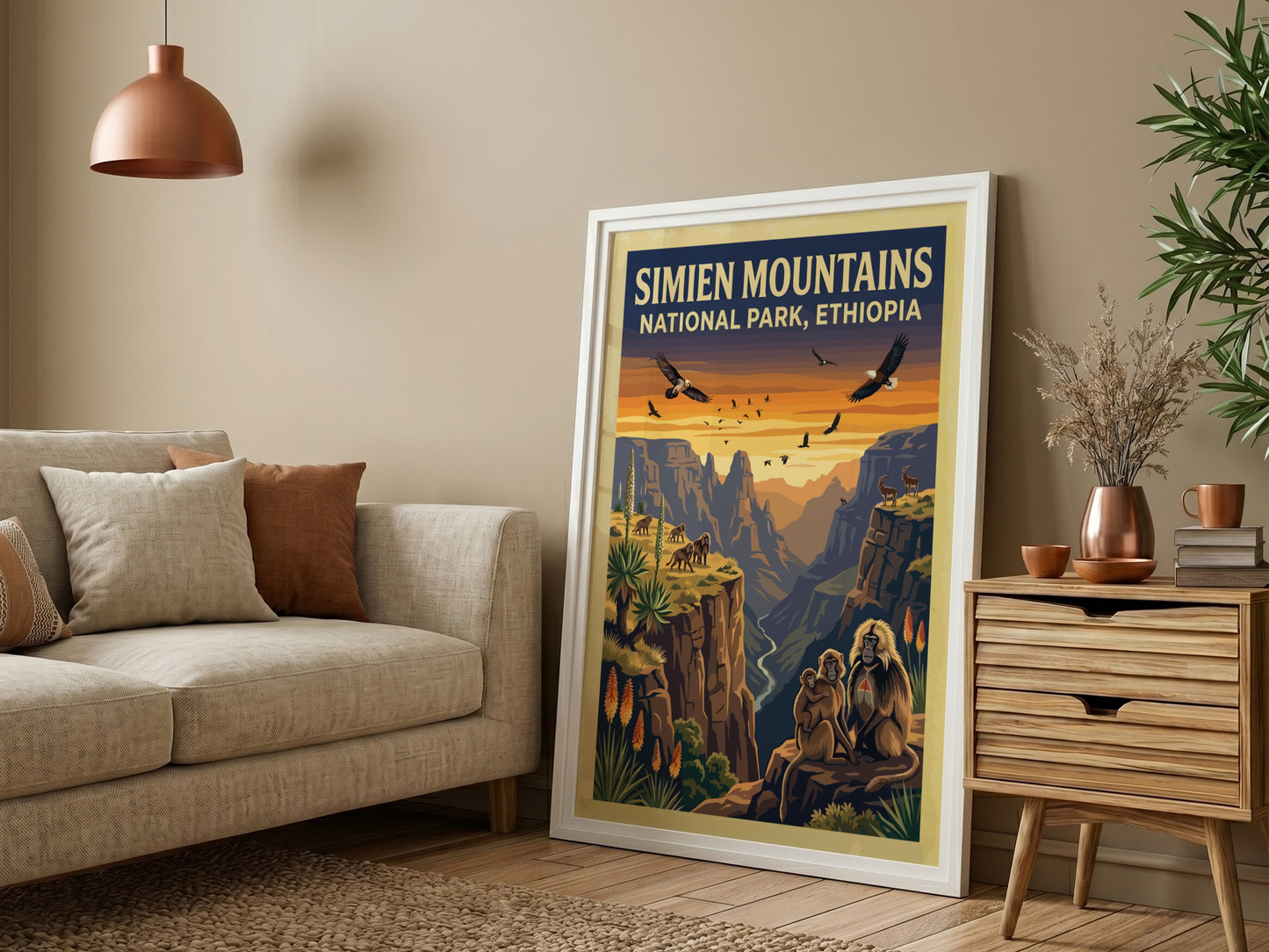 Simien Mountains poster featuring wildlife and sunset colors, nature landscape art for wall decor