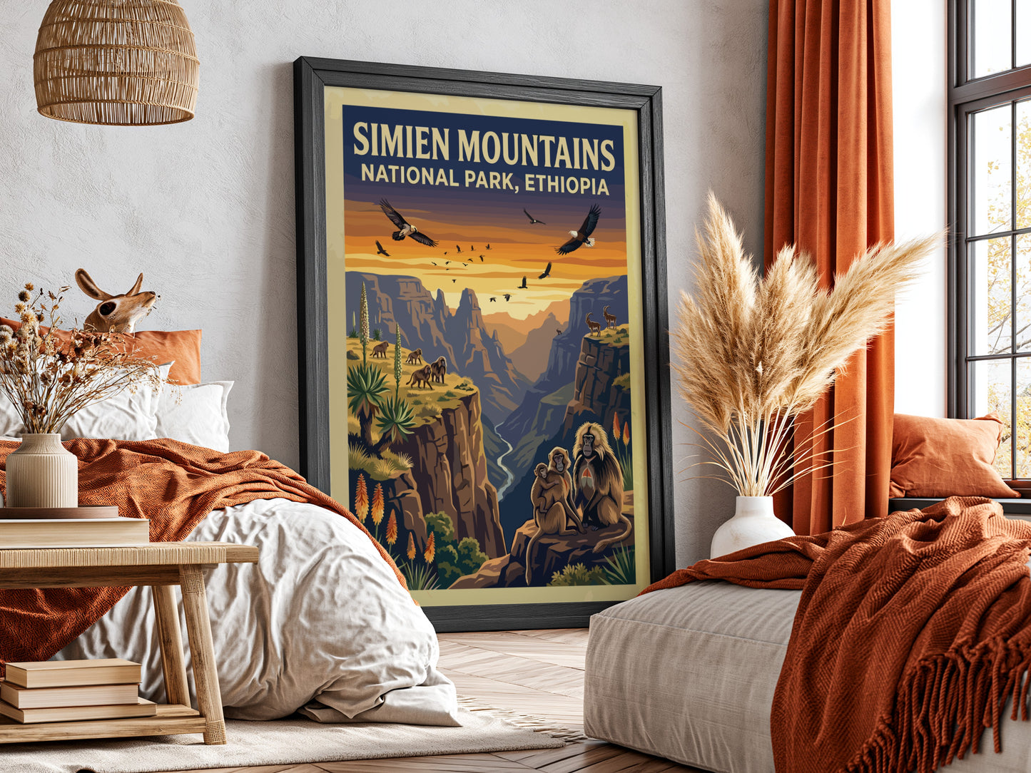 Simien Mountains poster featuring wildlife and sunset colors, nature landscape art for wall decor