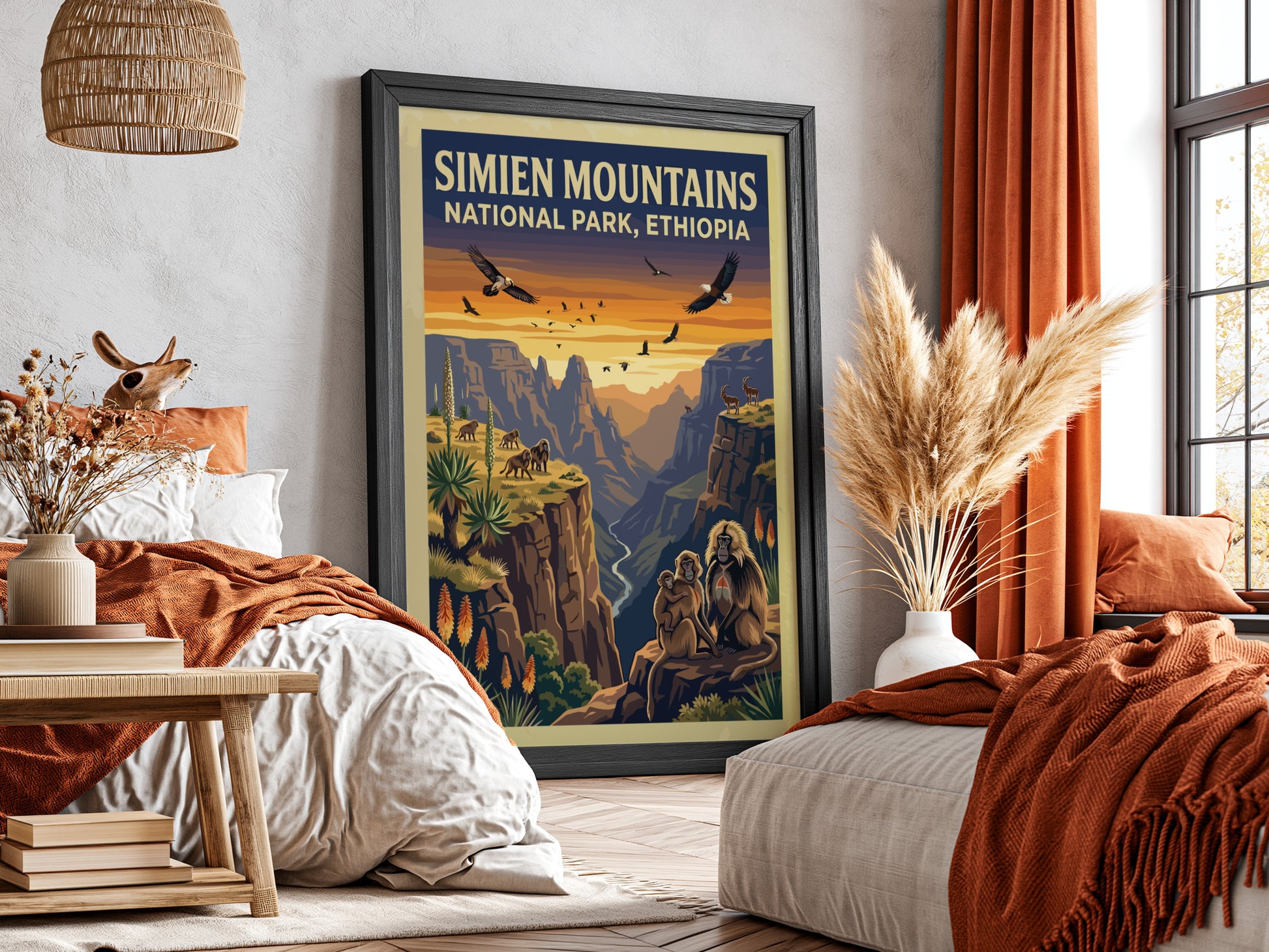 Simien Mountains poster featuring wildlife and sunset colors, nature landscape art for wall decor