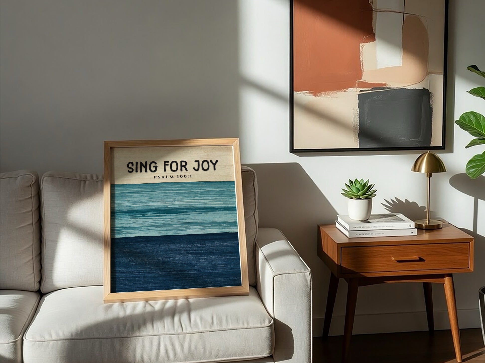 Sing for Joy poster featuring soft blues and navy, inspired by Psalm 100:1, perfect for inspirational wall