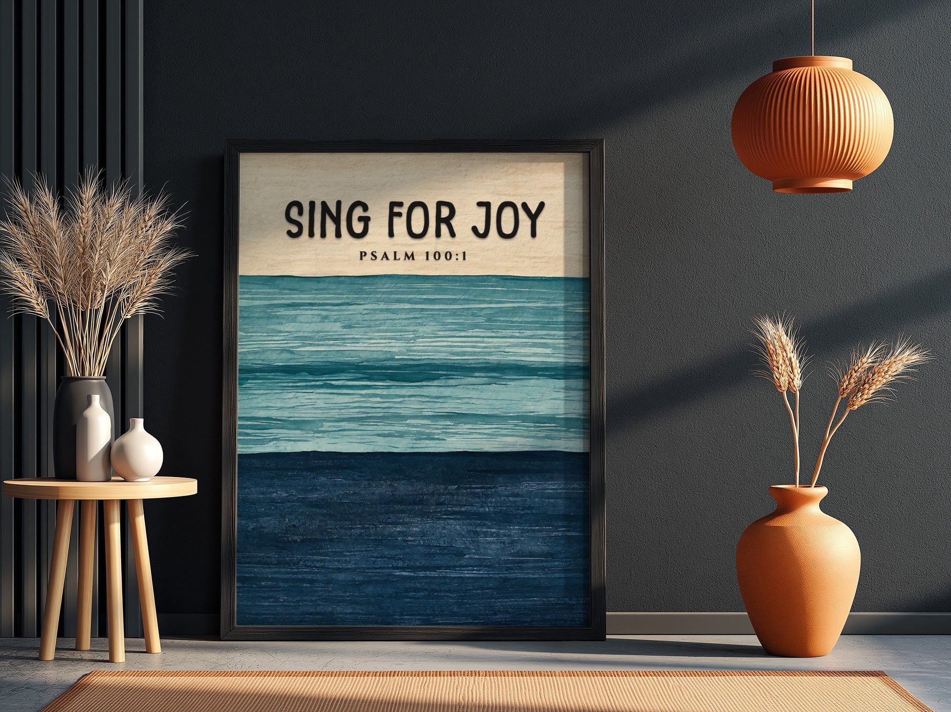 Sing for Joy poster featuring soft blues and navy, inspired by Psalm 100:1, perfect for inspirational wall