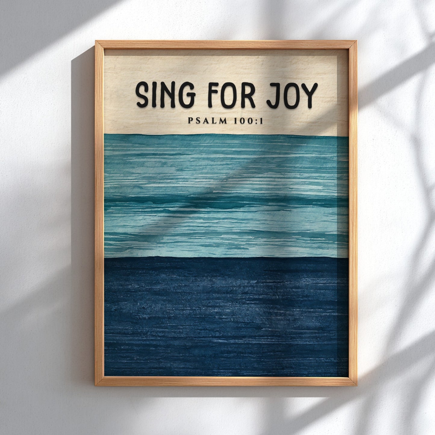 Sing for Joy poster featuring soft blues and navy, inspired by Psalm 100:1, perfect for inspirational wall