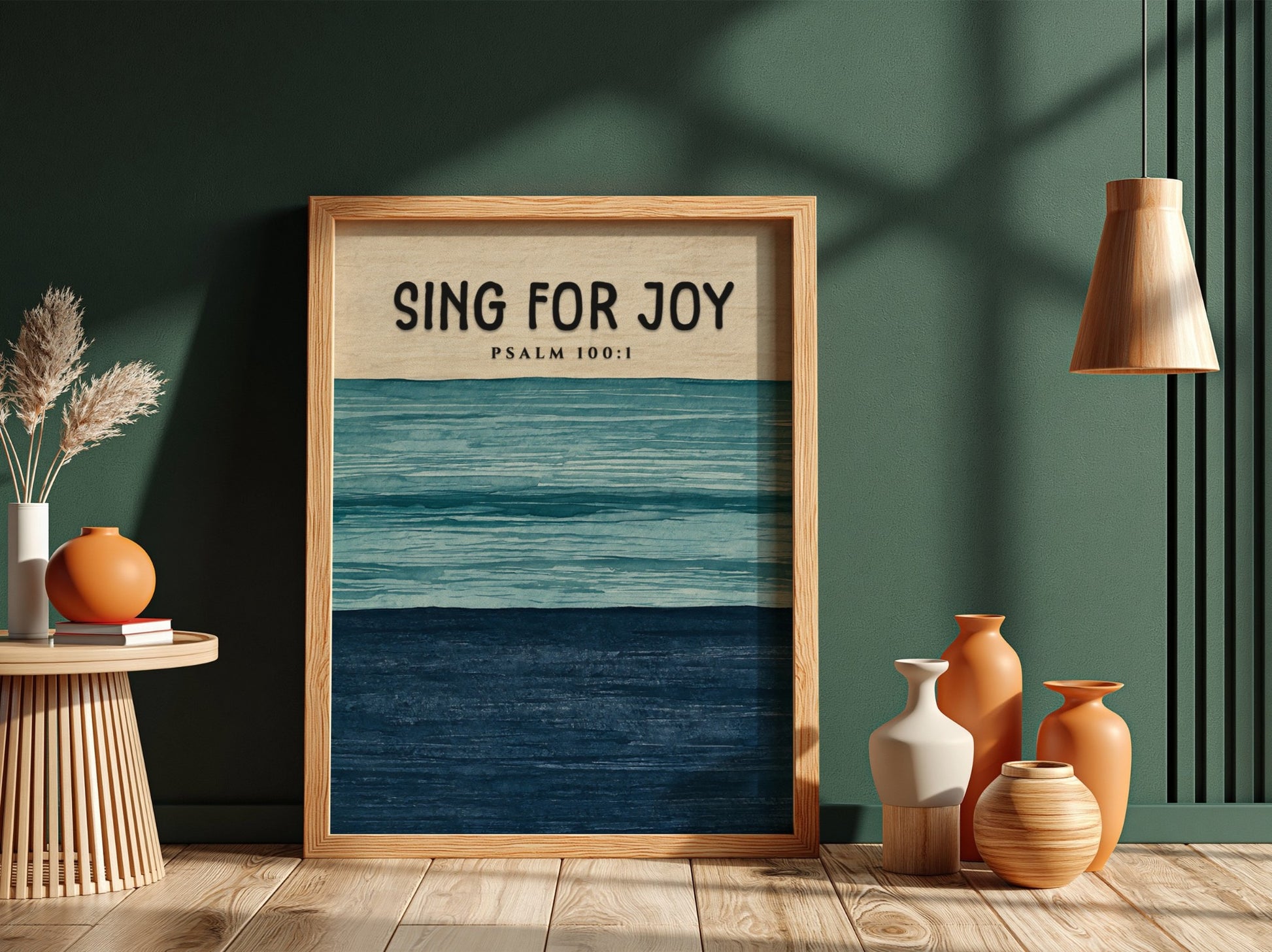 Sing for Joy poster featuring soft blues and navy, inspired by Psalm 100:1, perfect for inspirational wall