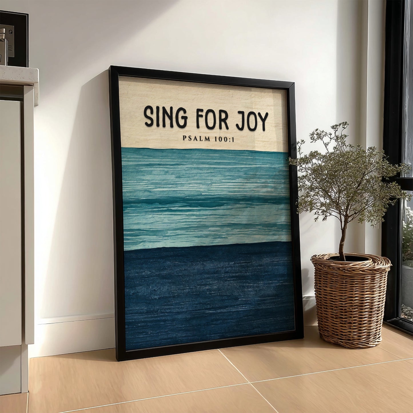 Sing for Joy poster featuring soft blues and navy, inspired by Psalm 100:1, perfect for inspirational wall