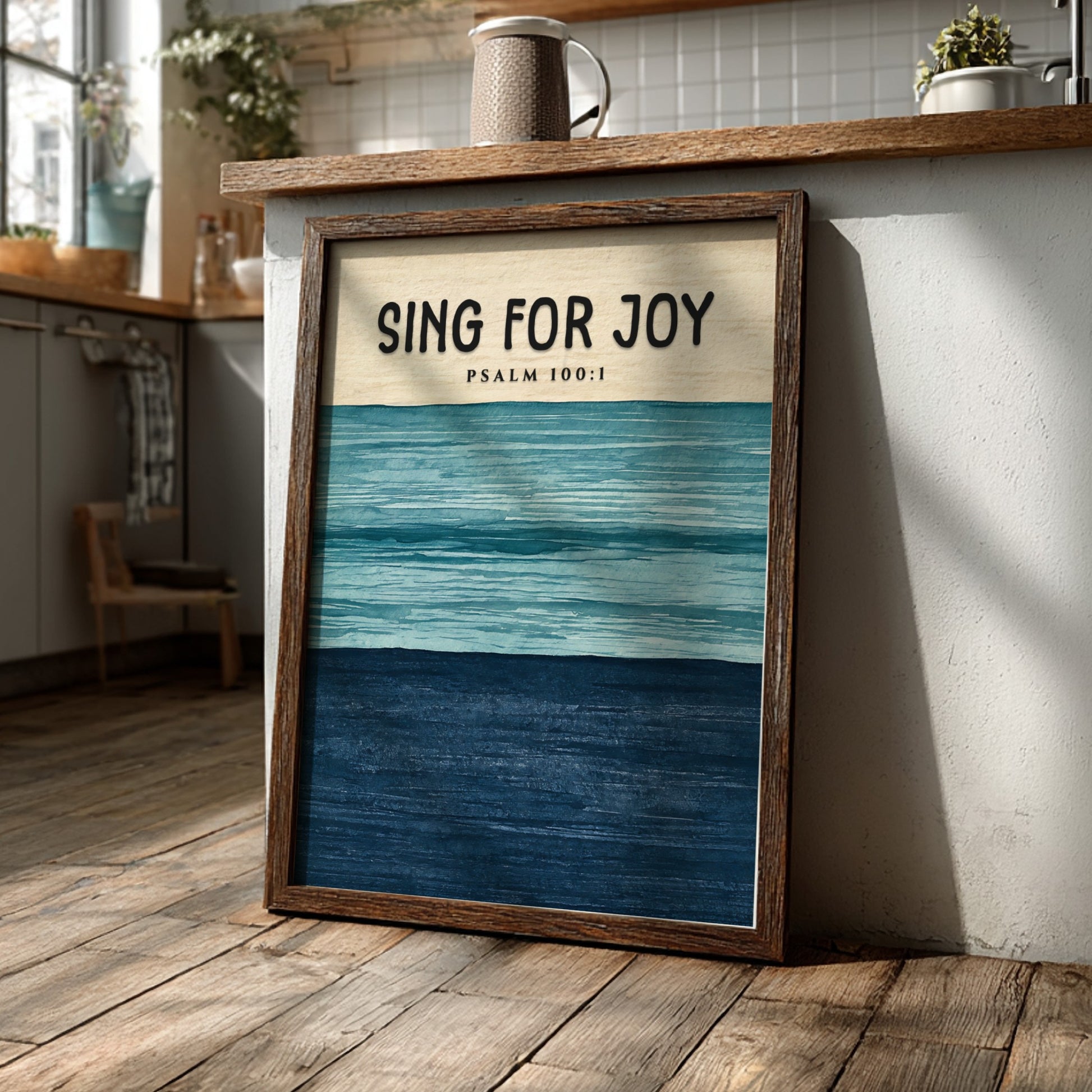 Sing for Joy poster featuring soft blues and navy, inspired by Psalm 100:1, perfect for inspirational wall