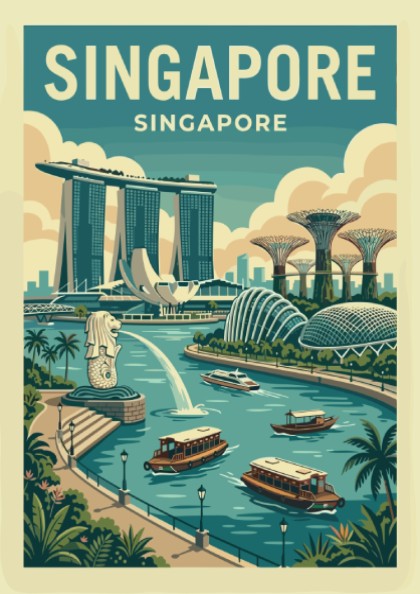 Singapore skyline travel poster with Marina Bay Sands and Supertree Grove in teal and ochre tones.