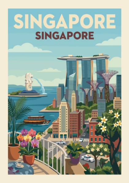 Vintage style Singapore skyline travel poster featuring Marina Bay Sands and Merlion, with a warm color