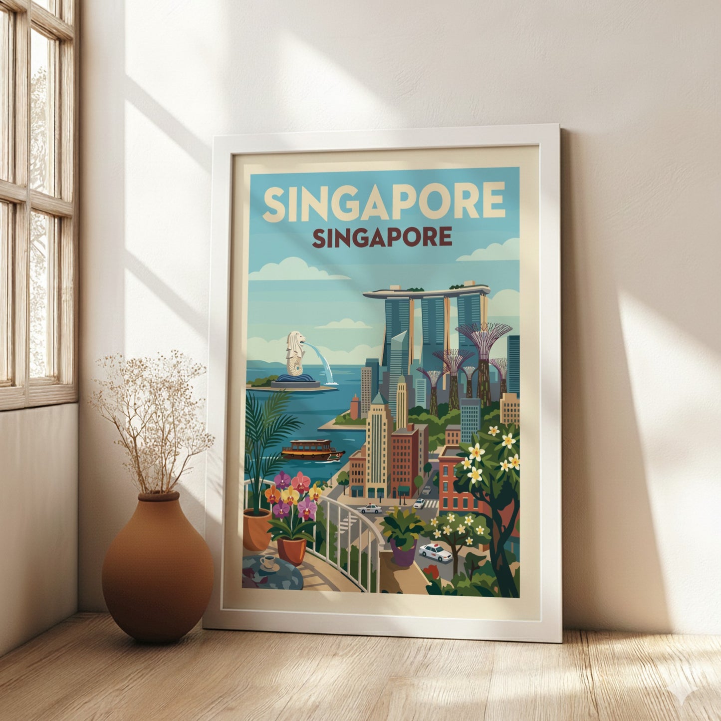 Vintage style Singapore skyline travel poster featuring Marina Bay Sands and Merlion, with a warm color