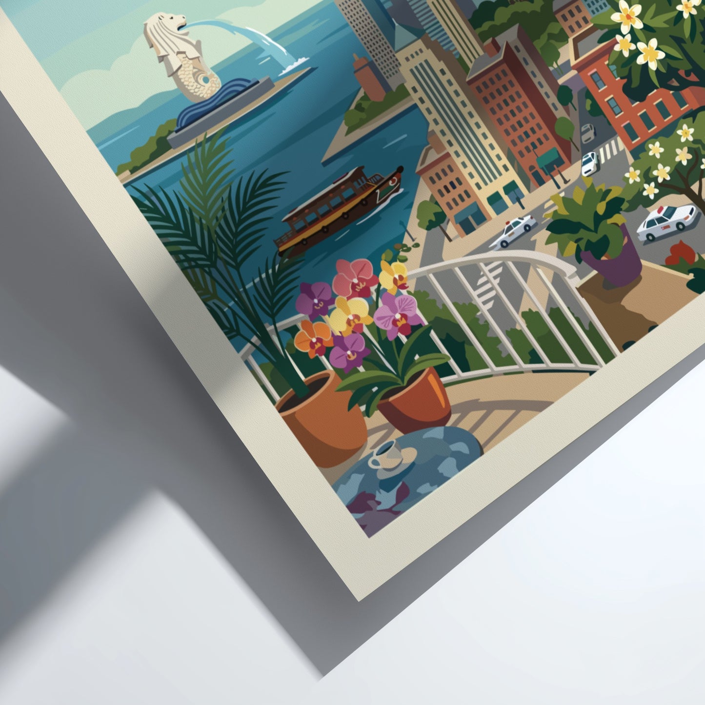 Vintage style Singapore skyline travel poster featuring Marina Bay Sands and Merlion, with a warm color