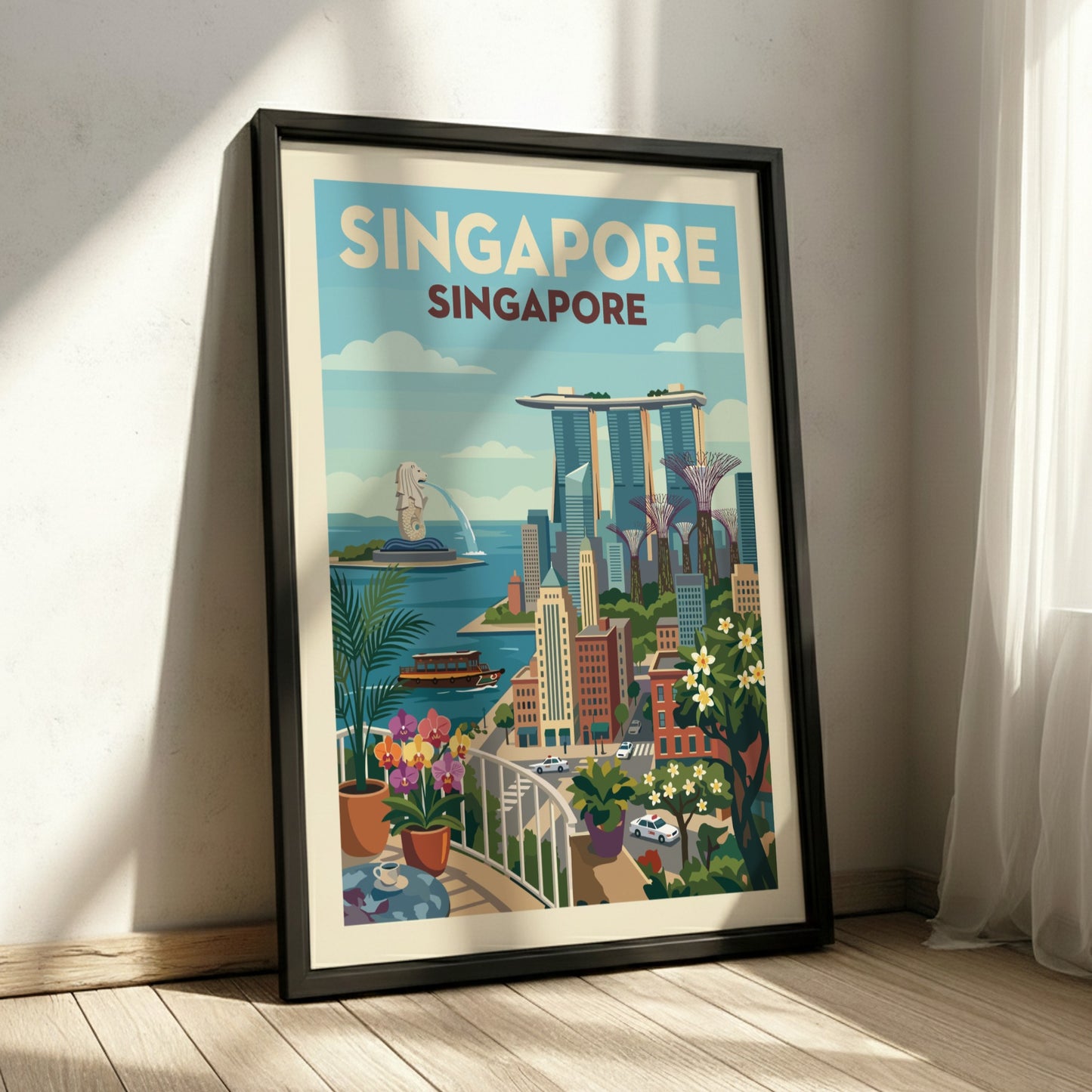 Vintage style Singapore skyline travel poster featuring Marina Bay Sands and Merlion, with a warm color