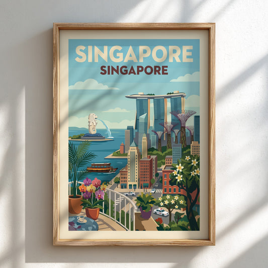 Vintage style Singapore skyline travel poster featuring Marina Bay Sands and Merlion, with a warm color