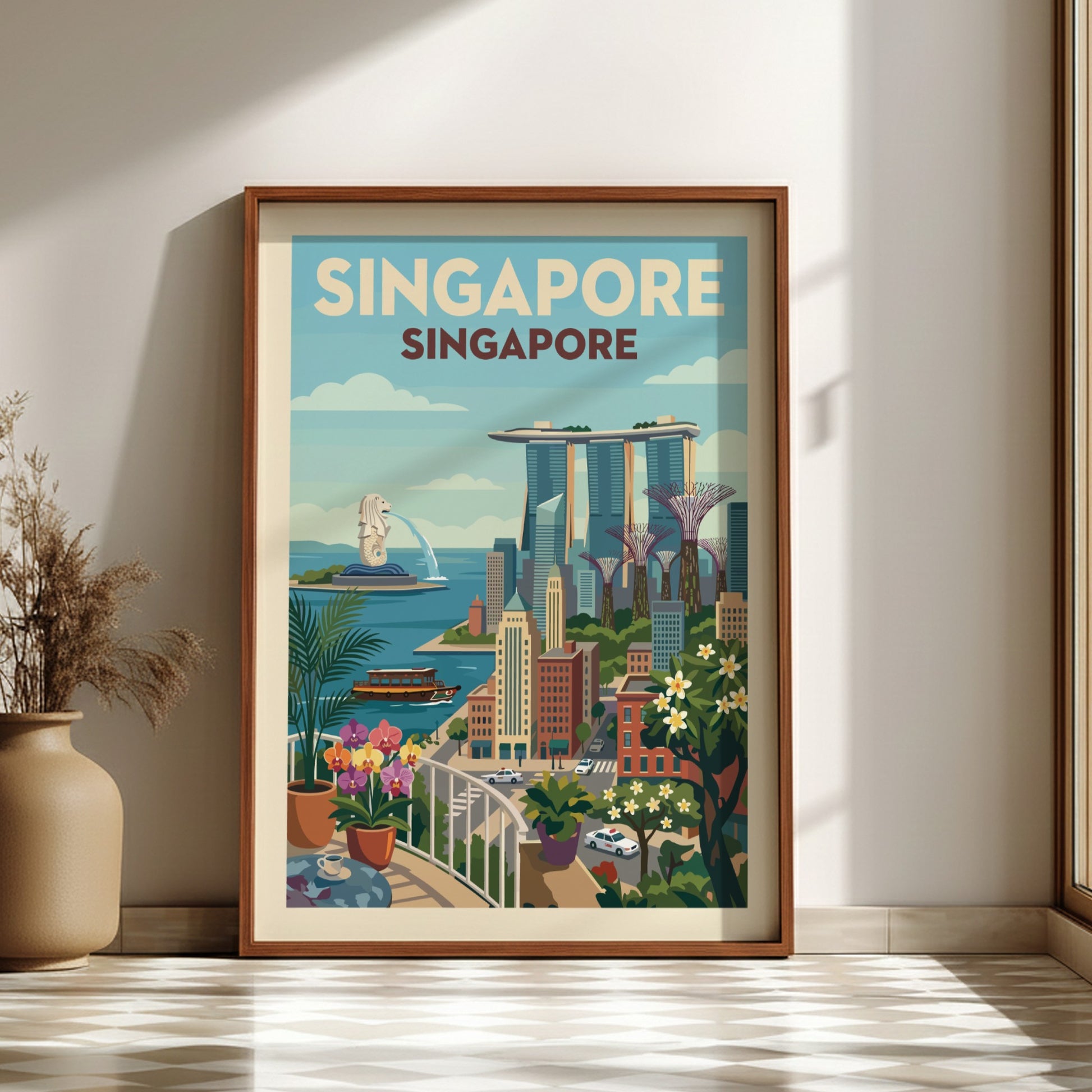 Vintage style Singapore skyline travel poster featuring Marina Bay Sands and Merlion, with a warm color