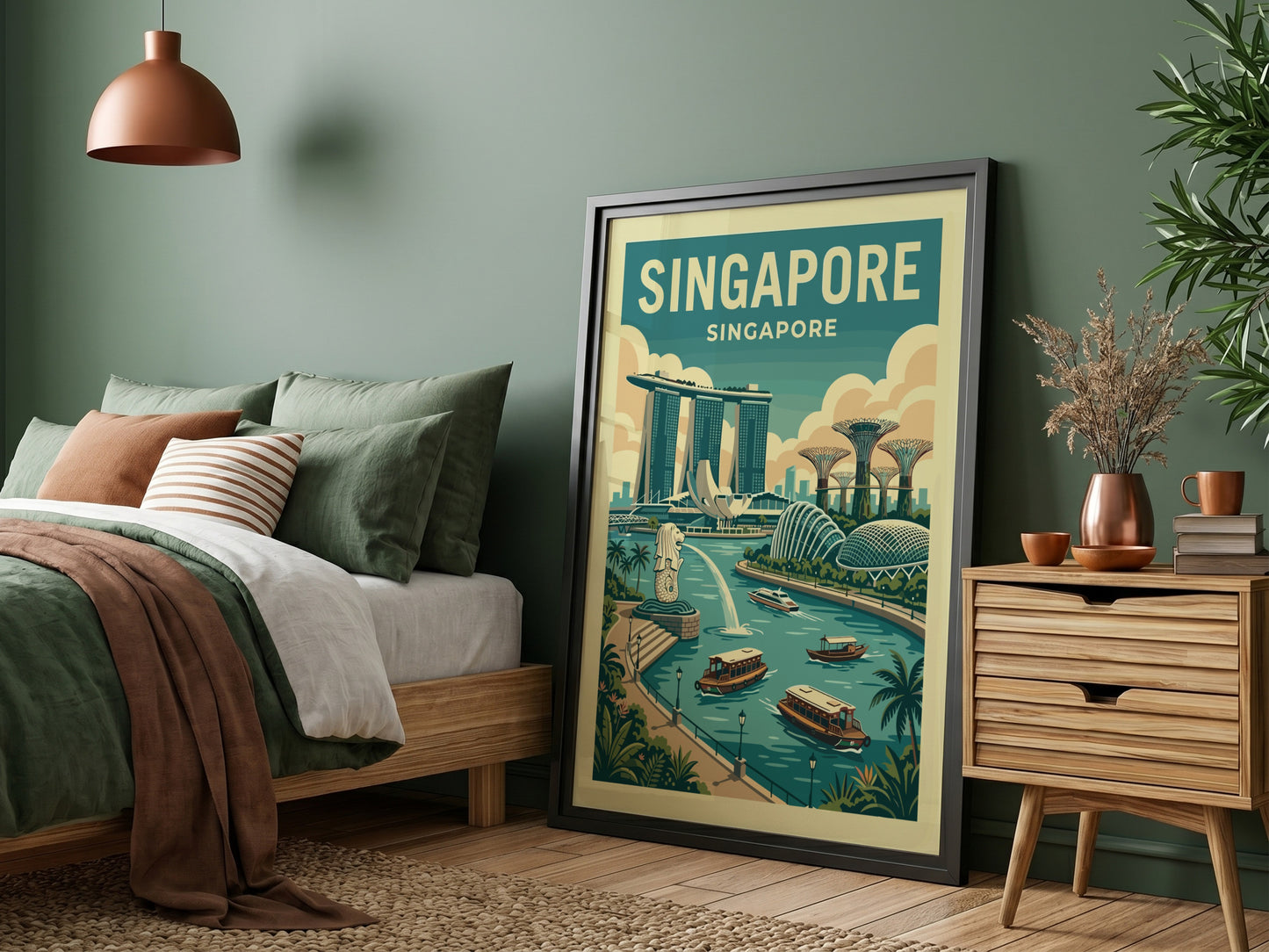 Singapore skyline travel poster with Marina Bay Sands and Supertree Grove in teal and ochre tones.