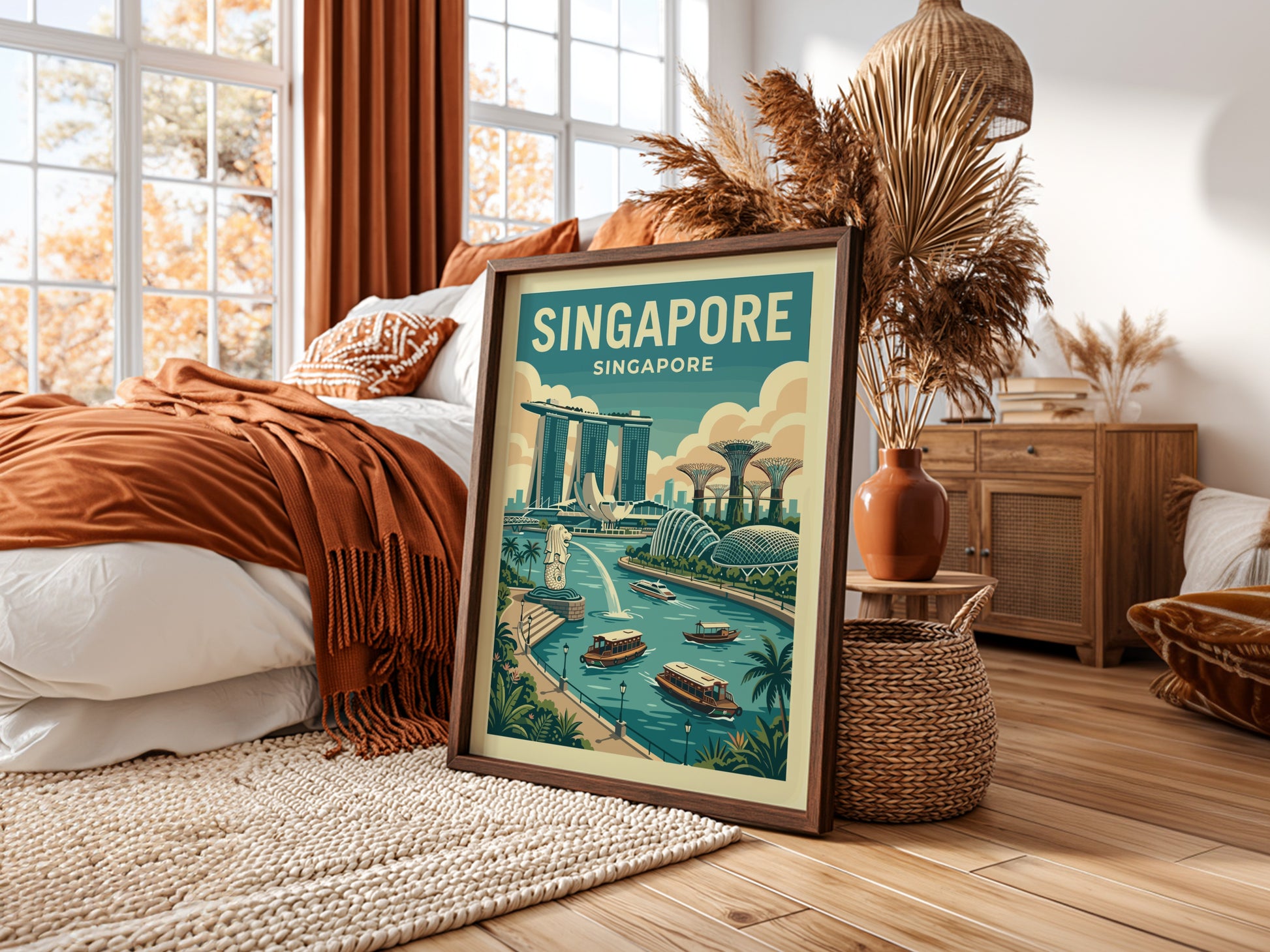 Singapore skyline travel poster with Marina Bay Sands and Supertree Grove in teal and ochre tones.