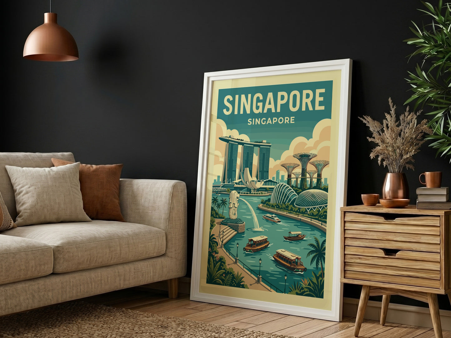Singapore skyline travel poster with Marina Bay Sands and Supertree Grove in teal and ochre tones.