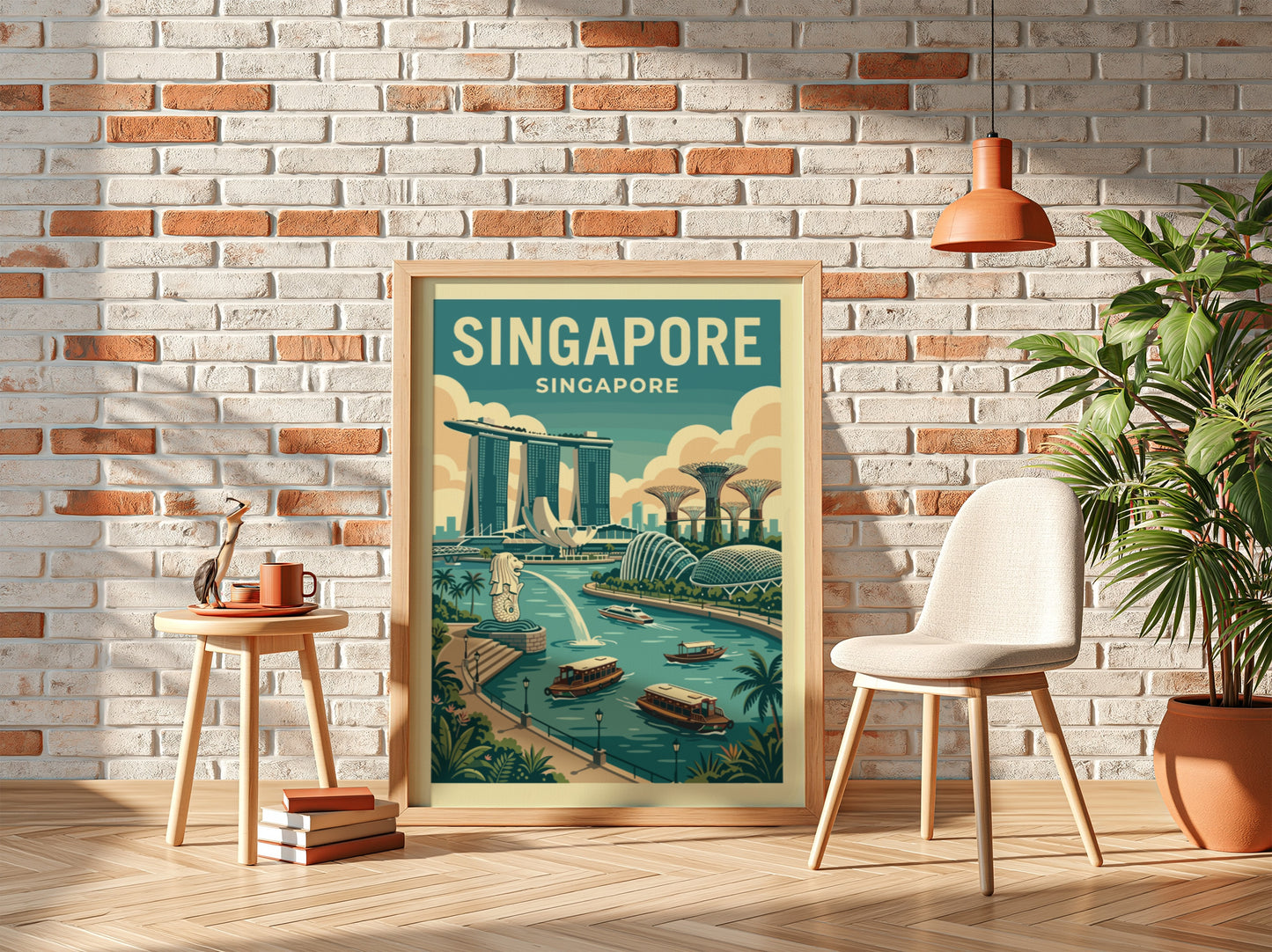 Singapore skyline travel poster with Marina Bay Sands and Supertree Grove in teal and ochre tones.