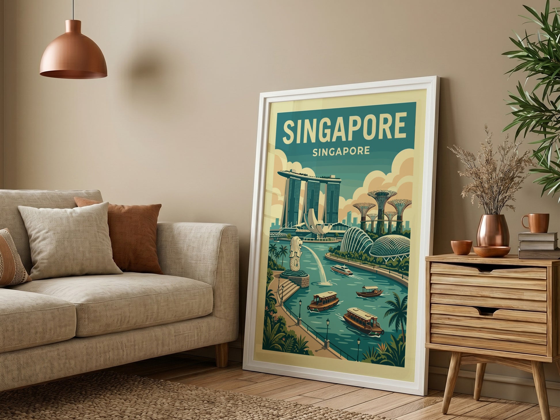 Singapore skyline travel poster with Marina Bay Sands and Supertree Grove in teal and ochre tones.