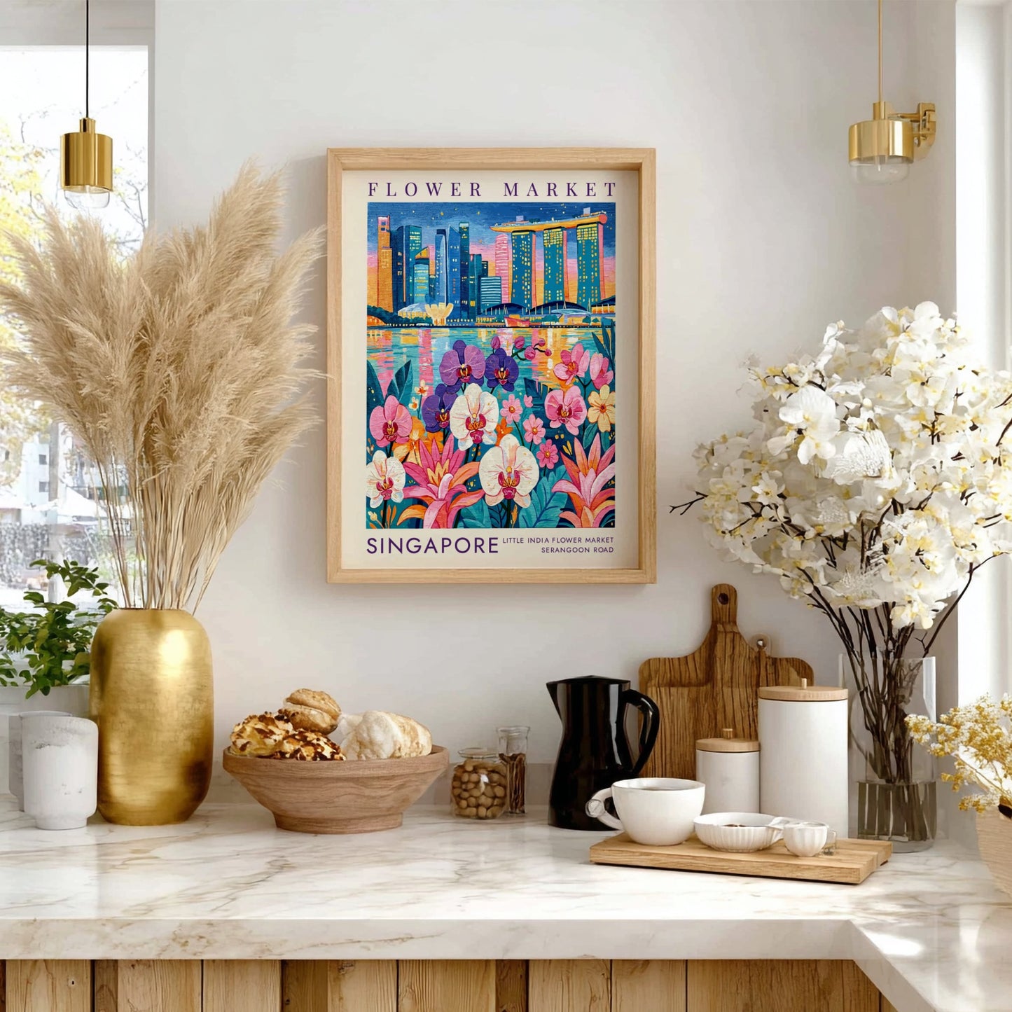 Flower market poster featuring vibrant cityscape with orchids and skyline colors