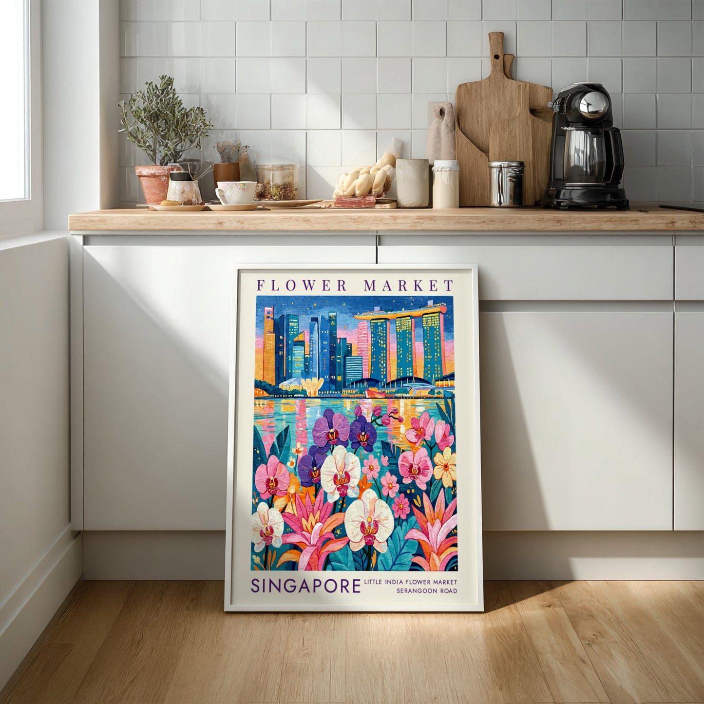 Flower market poster featuring vibrant cityscape with orchids and skyline colors