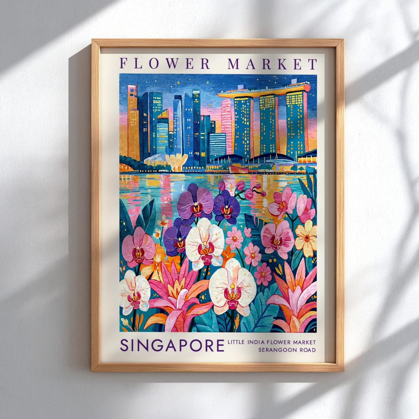 Flower market poster featuring vibrant cityscape with orchids and skyline colors