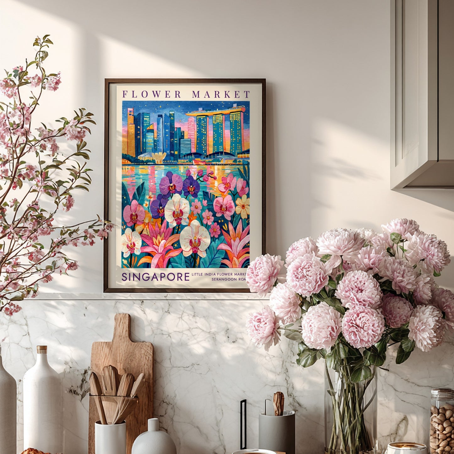 Flower market poster featuring vibrant cityscape with orchids and skyline colors