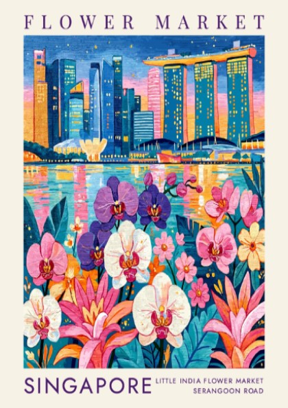 Flower market poster featuring vibrant cityscape with orchids and skyline colors