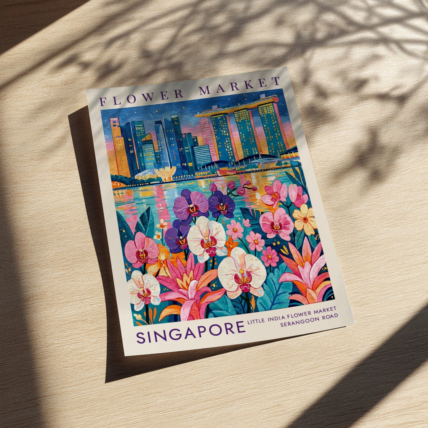 Flower market poster featuring vibrant cityscape with orchids and skyline colors