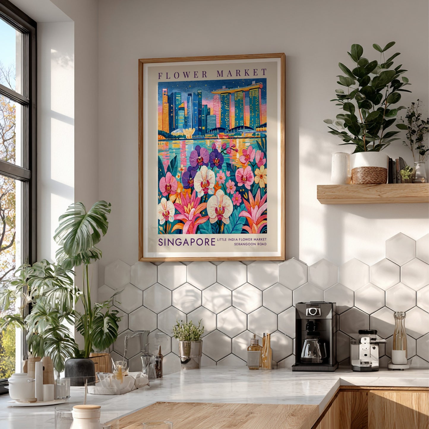 Flower market poster featuring vibrant cityscape with orchids and skyline colors