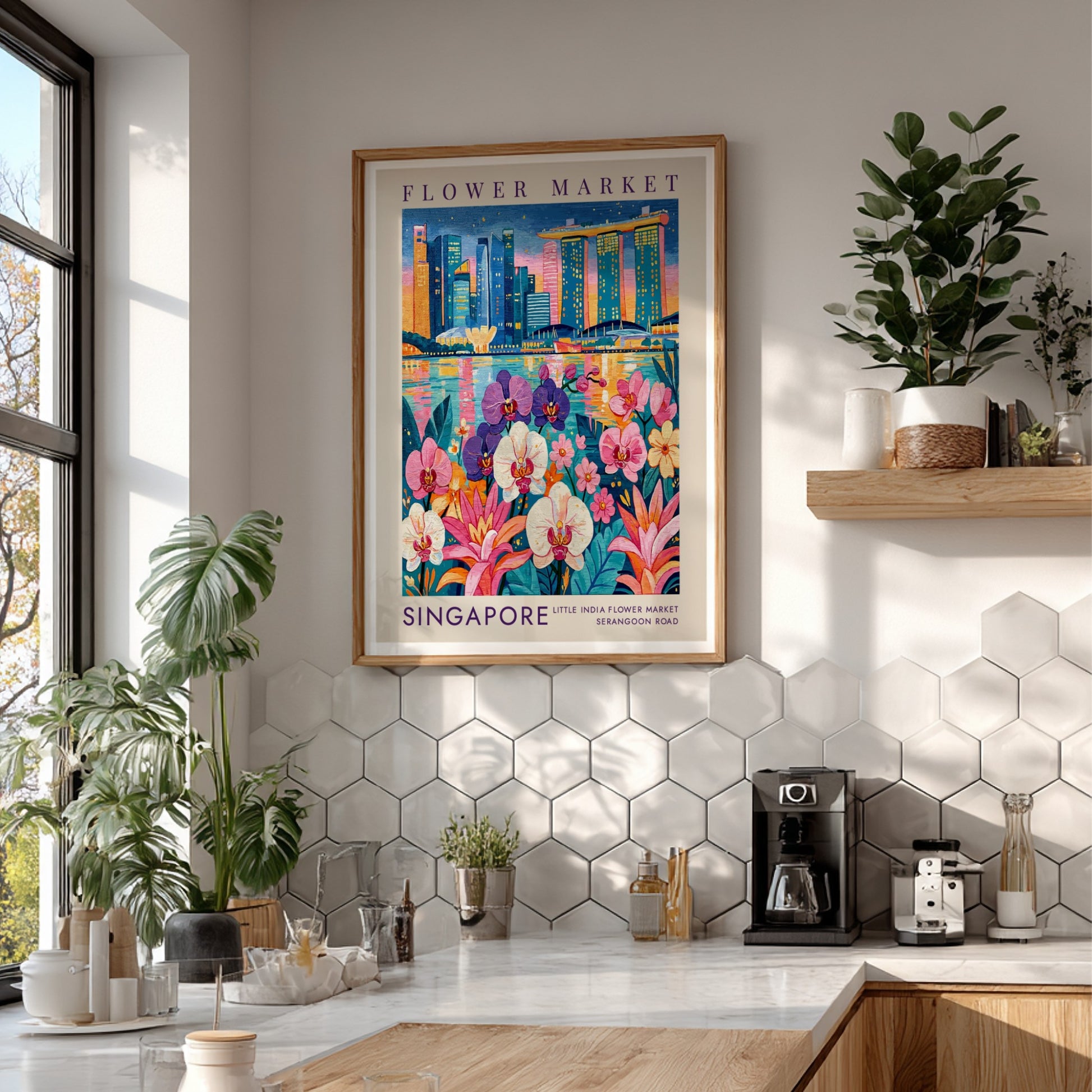 Flower market poster featuring vibrant cityscape with orchids and skyline colors