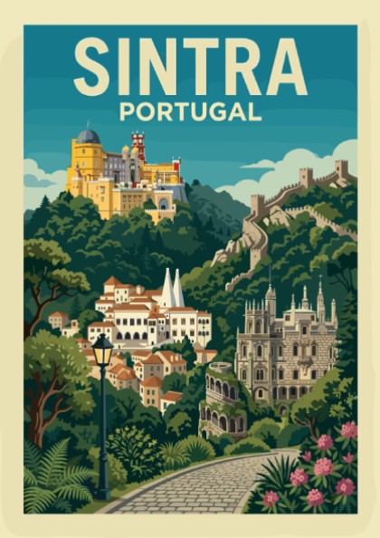 Sintra Portugal travel poster with Pena Palace, town, and castle walls in a vibrant illustrative style.