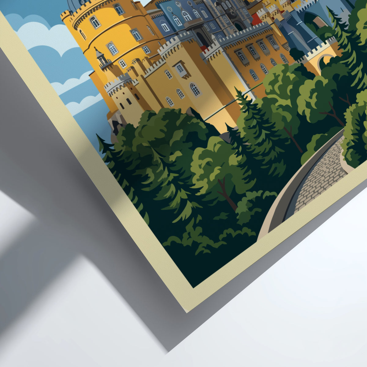 Travel poster of the yellow and red Pena Palace in Sintra Portugal landscape