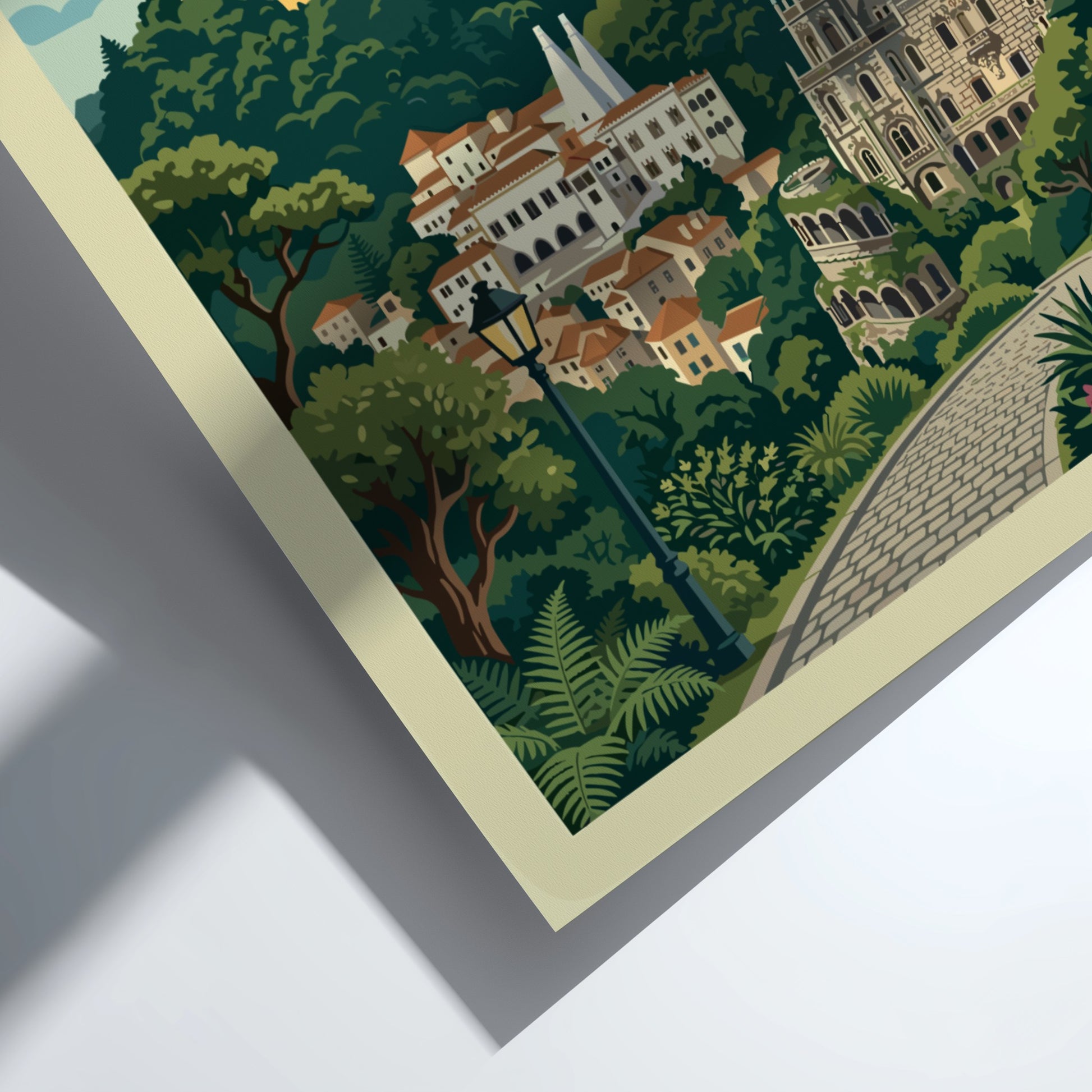 Sintra Portugal travel poster with Pena Palace, town, and castle walls in a vibrant illustrative style.