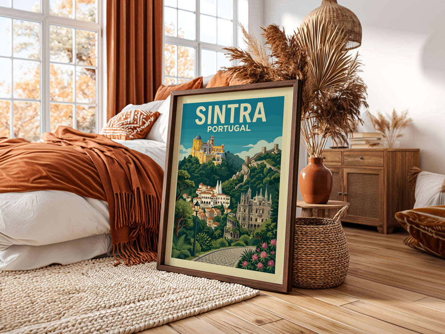 Sintra Portugal travel poster with Pena Palace, town, and castle walls in a vibrant illustrative style.