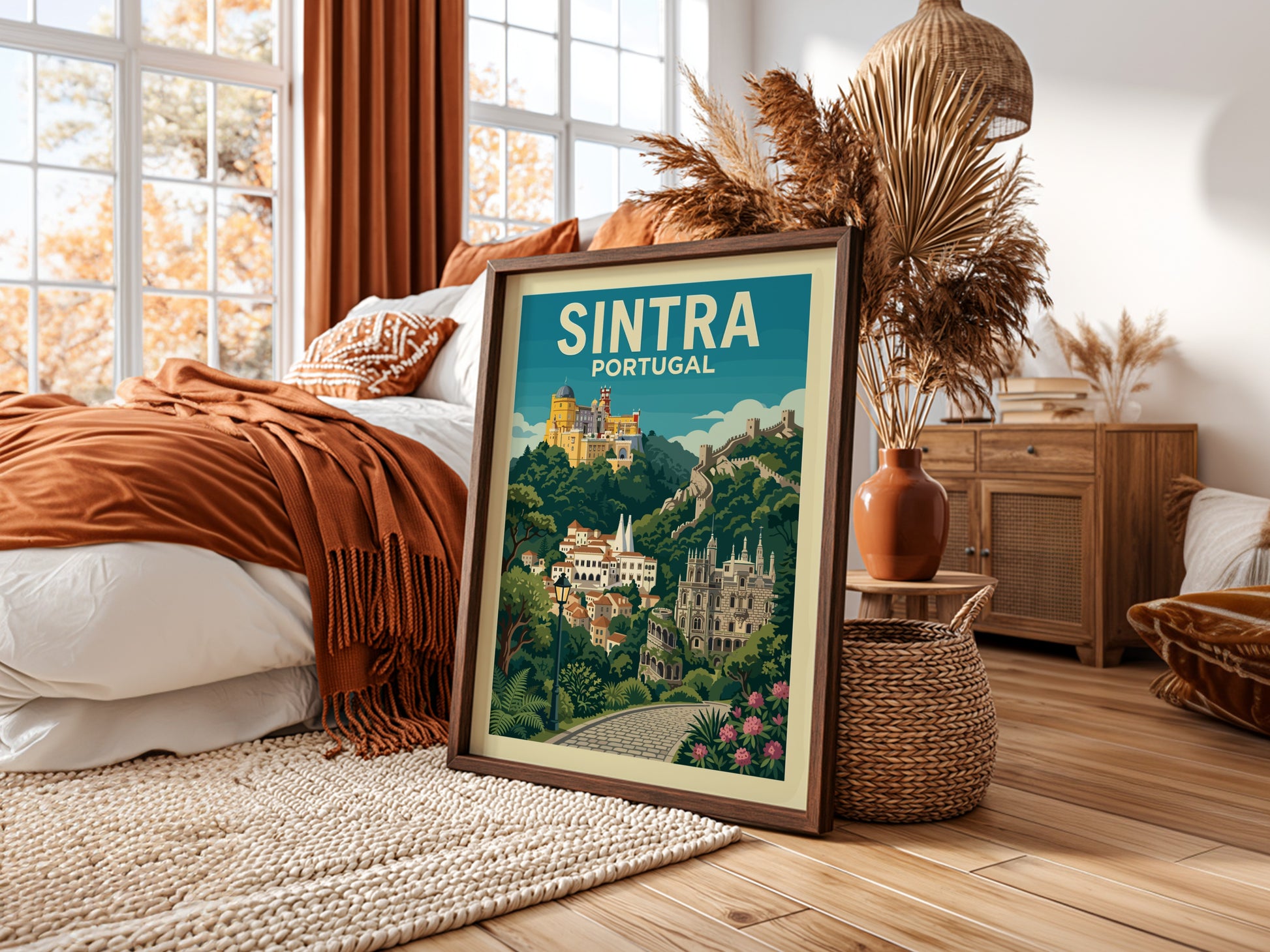 Sintra Portugal travel poster with Pena Palace, town, and castle walls in a vibrant illustrative style.