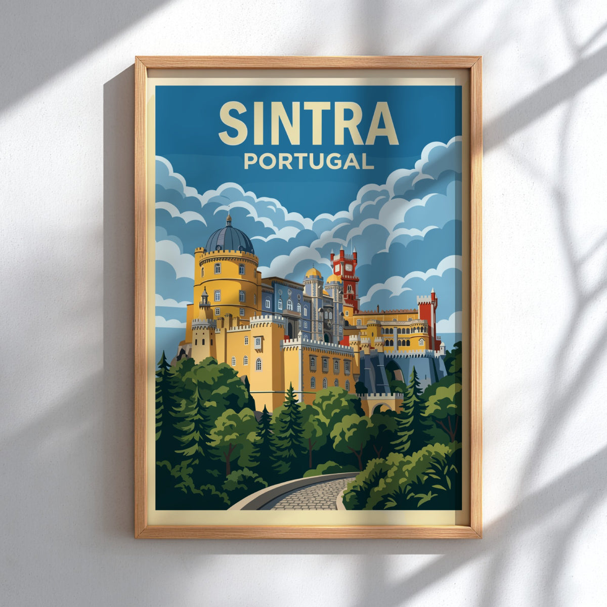 Travel poster of the yellow and red Pena Palace in Sintra Portugal landscape