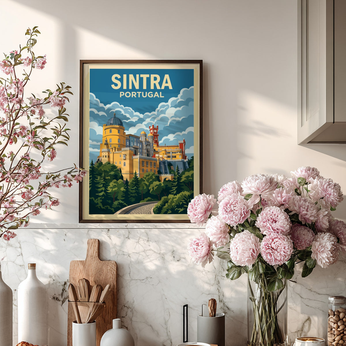 Travel poster of the yellow and red Pena Palace in Sintra Portugal landscape