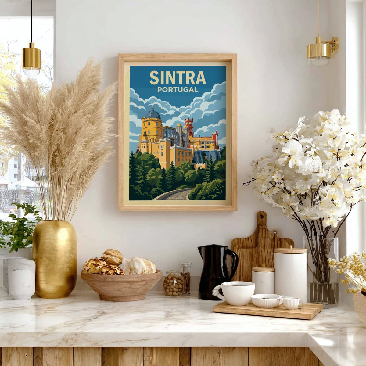 Travel poster of the yellow and red Pena Palace in Sintra Portugal landscape