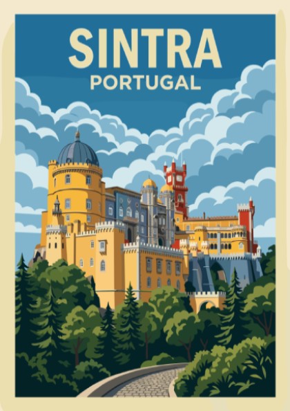 Travel poster of the yellow and red Pena Palace in Sintra Portugal landscape